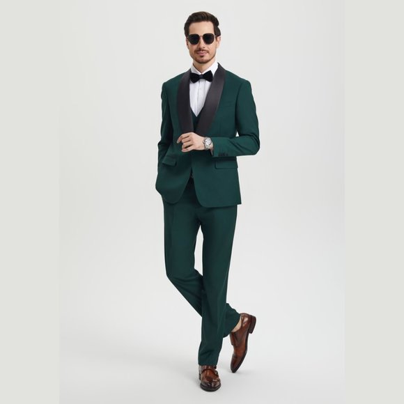 Stacy Adams 3pc Mens Tuxedo Hybrid Fit Shawl Lapel, Green - Picture 4 of 6
